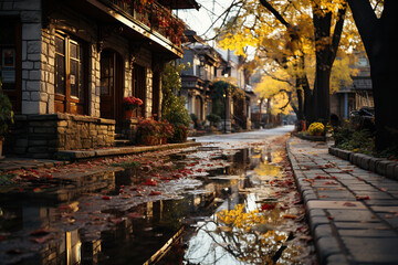 Fototapeta premium Autumn season cocnept with bright falling leaves, rain puddle at street ai generative