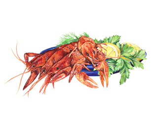 Boiled crayfish with dill parsley, lemon wedges on a blue ceramic plate. Watercolor illustration isolated on transparent background