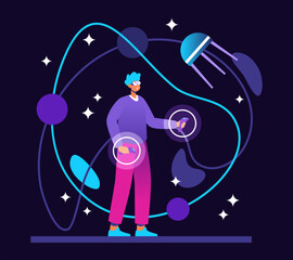 Male in VR glasses travel. Virtual reality, modern technologies. Remote control, programs that modulate another world. Virtual travel in space concept. Flat vector illustration with dark background