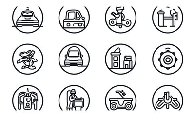 Set of Auto service and garage web symbols inline style. Vehicle, automobile, wash, shop, oil, support, motor, demonstrative, fix, tire. Vector delineation