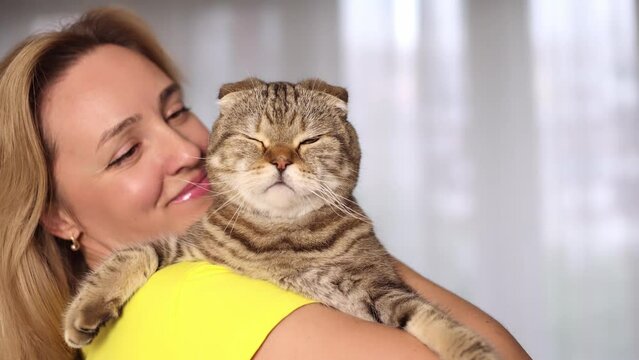 The cat in the girl's arms looks into the frame.