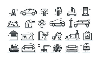 Set of Auto service and garage web symbols inline style. Vehicle, automobile, wash, shop, oil, support, motor, demonstrative, fix, tire. Vector delineation