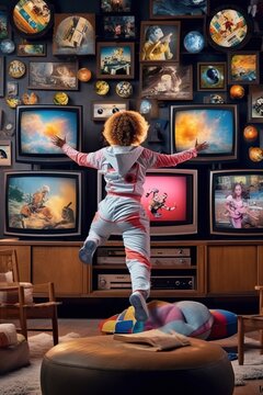 An astronaut in front of TVs