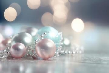 Obraz na płótnie Canvas Still with colored pearls round precious in front of shining background with reflections on ground. Abstract lighting Bokeh defocused background from cristal light fixture, copy space. Generative AI.