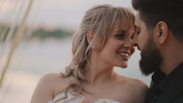 Happy Relationship And Marriage, Portrait Of Beautiful Smiling Woman Embracing Her Groom