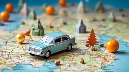 A small toy car on a world map or road map