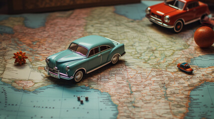 A small toy car on a world map or road map