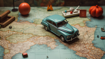 A small toy car on a world map or road map