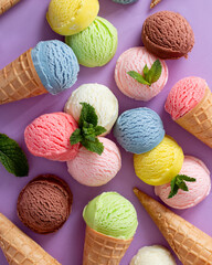 Pastel colored ice cream scoops and cones background on pastel violet