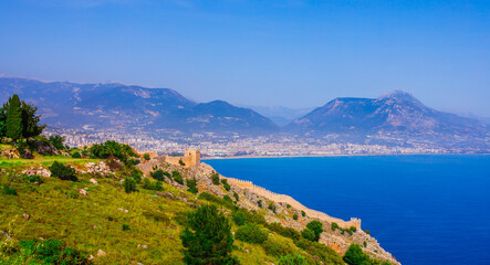 Panoramic view of Alanya and old castle, Antalya district, Turkey. Tourist beach city