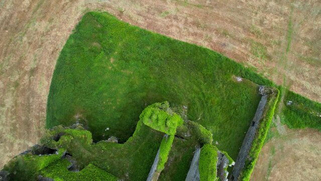 Cenital aerial shot of mossy Ballycarbery Castle in a dry meadow. Cahersiveen, Ireland