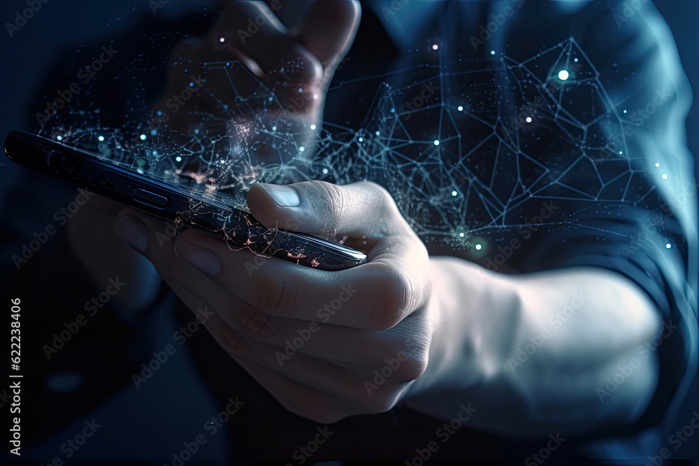 Poster man is holding a phone with an abstract glowing network connection in his hands, created with genera