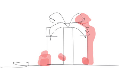One continuous line drawing Gift box with ribbon,  bow. Holiday gift and surprise packaging in simple linear style. For print, postcard, banner, holiday idea. Fashion vector art illustration