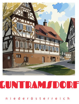 Guntramsdorf: Retro tourism poster with a Austrian landscape and the headline Guntramsdorf / Niederösterreich