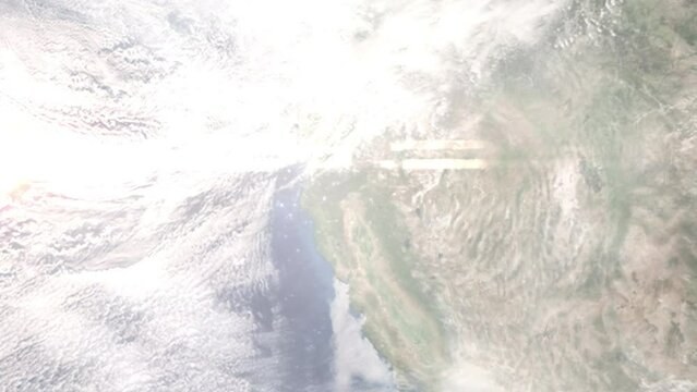 Zoom in from space and focus on Redding, California, USA. 3D Animation. Background for travel intro. Elements of this image furnished by NASA
