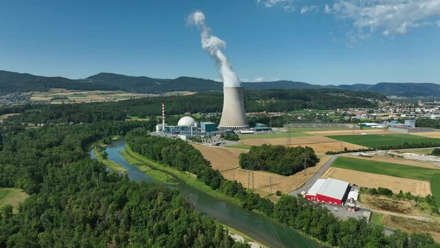 Nuclear power plant G&ouml;sgen on sunny summer day drone dolly forward