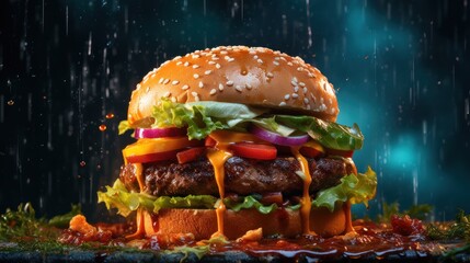 epic hamburger in the rain. generative ai