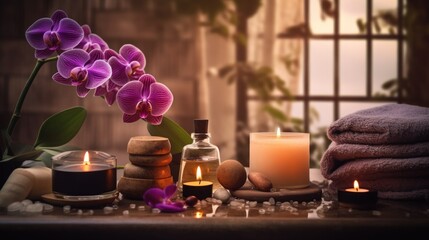 spa with candles and flowers. generative ai