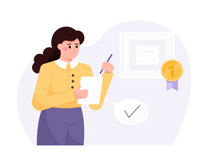 Businesswoman taking notes. Modern entrepreneurial activity. Concept of success at work. Career goal achievement for employees. Flat vector illustration in cartoon style