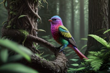 Obraz premium Colorful bird close-up on branch in the forest. Generative AI