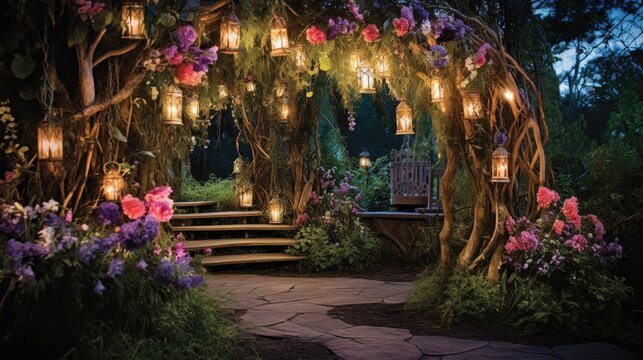 Night&nbsp;magical&nbsp;fantasy&nbsp;forest.&nbsp;Enchanted&nbsp;landscape, neon,&nbsp;with path shining by lantern. Magic nature background. Fairy-tale atmosphere. Mystery beautiful wonderland. AI illustration. .