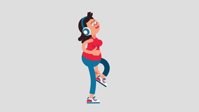 A woman wearing headphones is walking with a joyful stride to the rhythm of music - a cartoon looped animation.