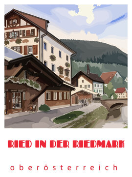 Ried in der Riedmark: Retro tourism poster with a Austrian landscape and the headline Ried in der Riedmark / Oberösterreich