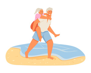 Aged man carrying wife on back. Happy pensioners spending time near sea. Sporty old couple resting outside. Flat vector illustration in orange colors in cartoon style