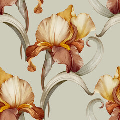 Wallpaper with irises. Seamless pattern with garden flowers. - 622239674