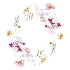 Summer wreath with wild flowers isolated on white background