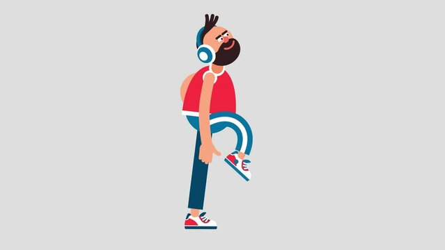 A bearded man wearing headphones is walking with a dancing stride -cartoon looped animation.