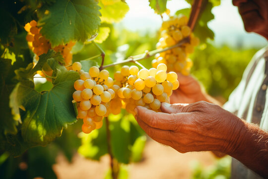 Close up of farmer hands cutting white grapes from vines during wine harvest in a vineyard. Picking the sweet white grape bunches. Family business, tradition concept. Generated AI.