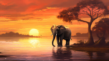 Fototapeta na wymiar Elephant and sunset