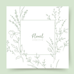 Floral frame with hand drawn delicate flowers, branches and leaves in line art style. Elegant greeting card template. Vector illustration for label, corporate identity, wedding invitation