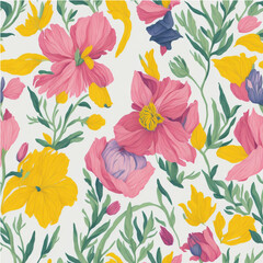 Seamless pattern of colorful abstract flowers on a white background.