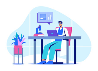 Scientists working in laboratory concept. Laboratory assistant studying results of research on laptop. Scientist discovers new information. Flat vector illustration in blue colors