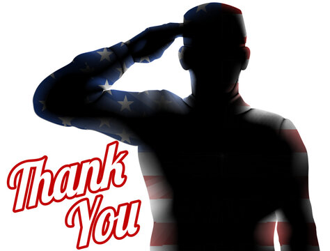 A soldier saluting silhouette with American flag design.