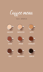 Coffee menu graphic design vector template. Set of different types of coffee, arabica - obrazy, fototapety, plakaty
