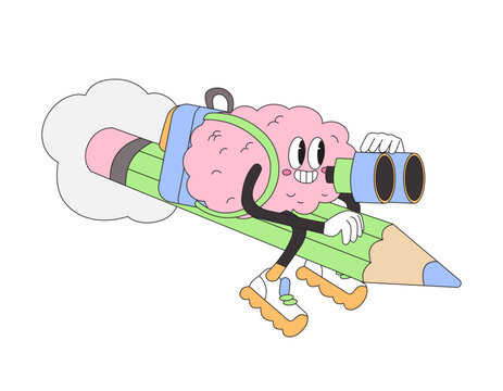 Student brain from elementary or middle school in search for knowledge. Cheerful pupil with binocular fly on pencil isolated on white. Funky groovy cartoon comic character. Back to school concept.