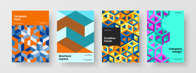 Modern geometric tiles front page concept bundle. Vivid company cover vector design template collection.