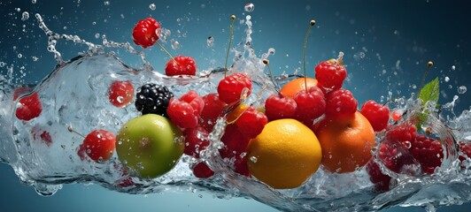 Fototapeta na wymiar Fresh Summer Fruits on Splashed Water - Refreshing and Vibrant