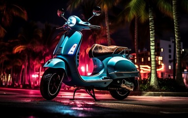 A blue scooter parked on the side of the road. AI