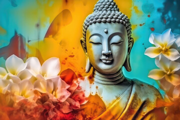 Beautiful photo buddha and flowers splashed in bright paint, generative AI - obrazy, fototapety, plakaty
