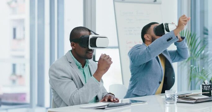 Virtual reality, vr headset or business people in office with future technology for software test review. Metaverse experience. 3d innovation or digital team of startup employees in cyber database