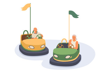 Husband resting with wife. Back to childhood. Elderly couple enjoying car ride in park. Happy and modern pensioners having fun. Active senior adults concept. Flat vector illustration in green colors