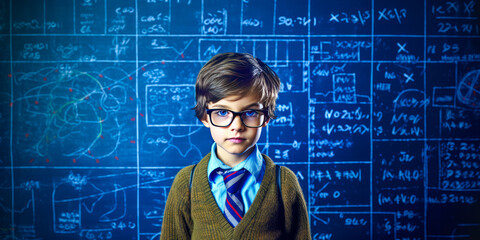 Inspiring young genius on blue backdrop, immersed in complex mathematical equation appearing in the air - a beautiful display of intellect. Generative AI