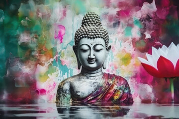 Beautiful photo buddha and flowers splashed in bright paint, generative AI