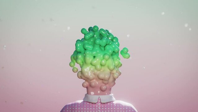 Cartoon character has colored bubbles coming out of his head. Brain explosion. State of arousal and in person. Creative mood. Mental health. 3d render, 4k video.