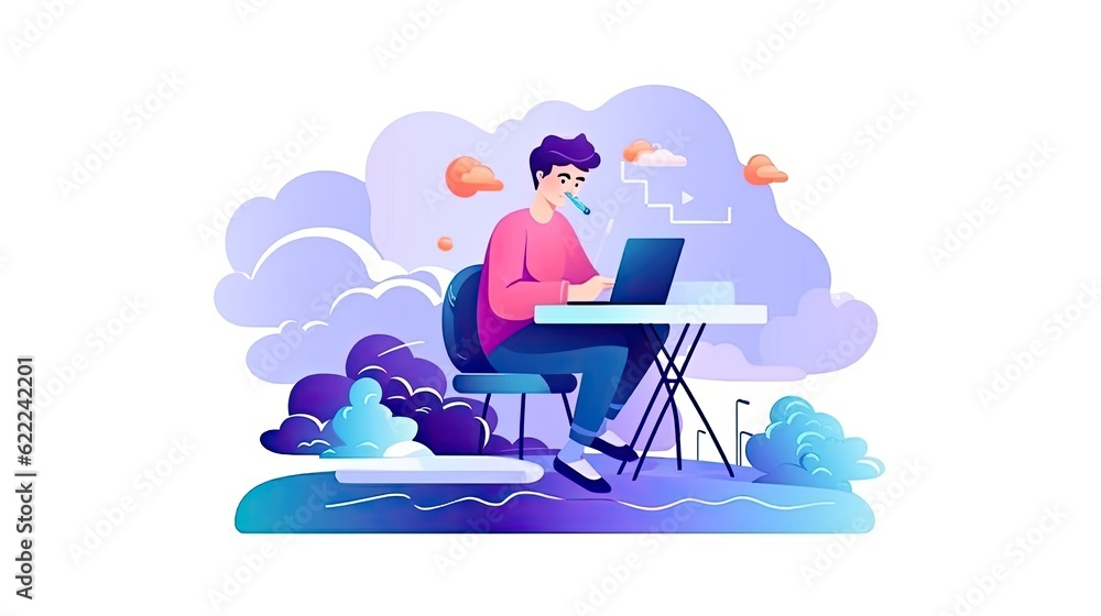Aufkleber student using an e-learning platform flat illustration - generative ai.
