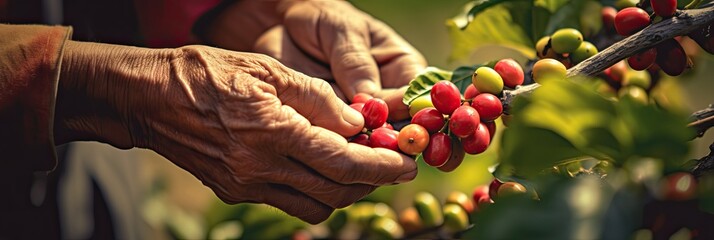 Agriculture picking coffee berries, Farmer's hand picking Arabica coffee berries or Robusta berries by the hands. Vietnam. Generative Ai - obrazy, fototapety, plakaty